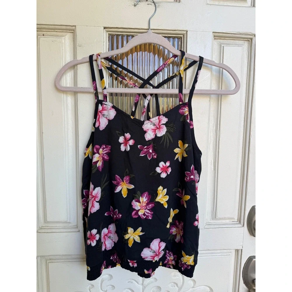 Abercrombie Kids Girls Black Floral Strappy‎ Smocked Cami Top Size 15/16 NEW